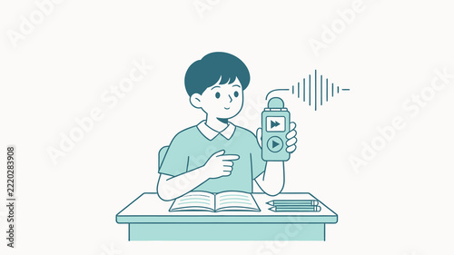 Young Student Using Digital Audio Device at Desk with Open Book and Pencils, Illustrating Modern Learning