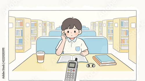 Young boy studying at library desk with phone, coffee, books and headphones. Quiet study scene with pastel colors and minimalist