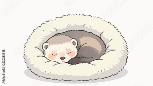 Kawaii Ferret Sleeping In Fluffy Bed, Soft Brown & Cream Pet Illustration, Cozy Winter Mood, Adorable Animal Art