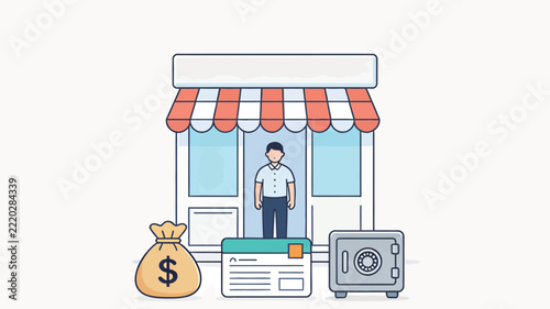 Flat design of a shopkeeper in a storefront flanked by a money bag, document, and safe representing commerce and finance