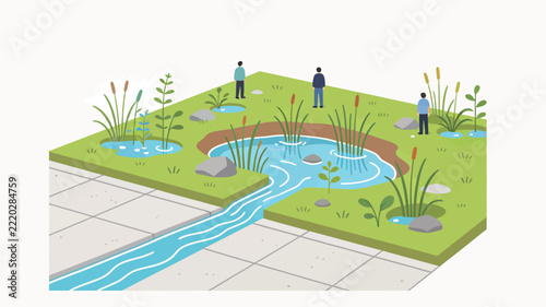 Serene Isometric Landscape: Small Stream, Reeds, Grass, and Stones, Minimalist Vector Illustration, Soft Colors, Nature Scene