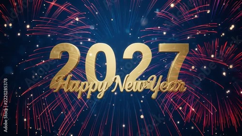 Golden 2027 text with vibrant fireworks exploding in the night sky celebrating New Year's Eve with bokeh effects
