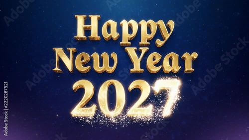 Golden Happy New Year 2027 text animation with sparkling stars in a festive night sky background