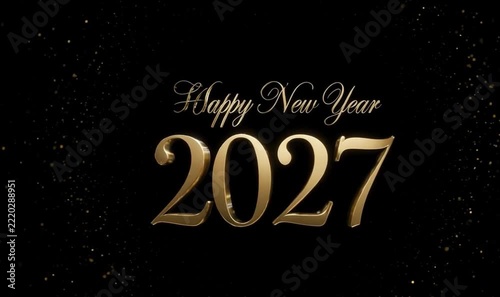 Golden New Year 2027 text animation with sparkling particles during celebration against a dark background