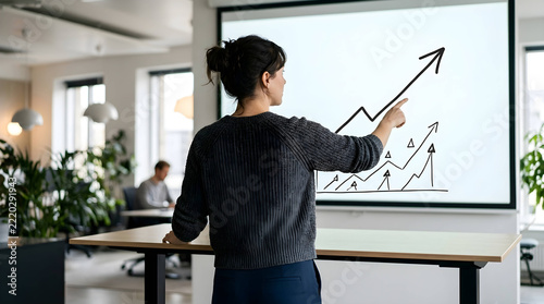 Dynamic professional presenting upward trending analytics dashboard on glass board, concept for SaaS financial growth, KPI tracking, and fintech performance metrics
