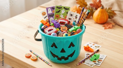 Teal Halloween pumpkin bucket filled with non-food allergy-friendly
