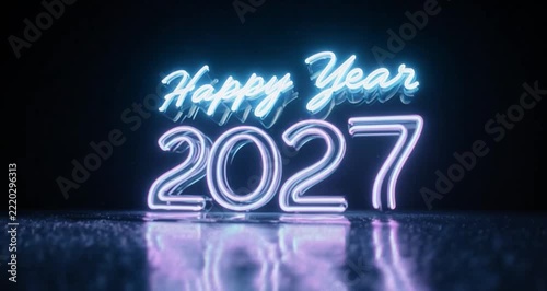 Neon 2027 sign glowing with celebratory light on a reflective surface during nighttime