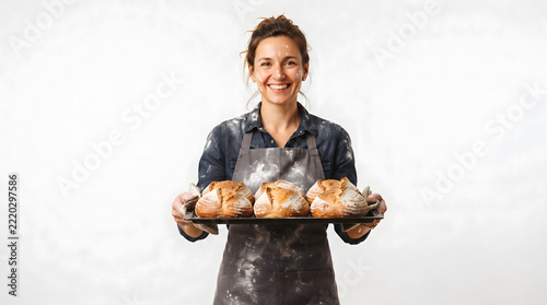 Smiling female baker holding tray of fresh baked sourdough bread in studio