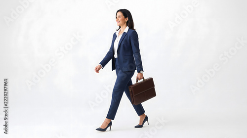 Smiling businesswoman in navy suit walking with brown leather briefcase on white background