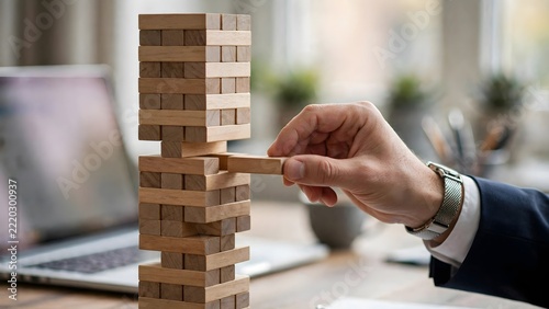 Business Risk Strategy Hand Removing Wooden Block From Tower