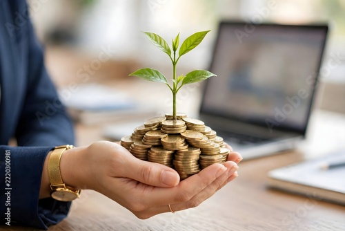 Investment Growth Plant Growing From Stack Of Gold Coins In Hands