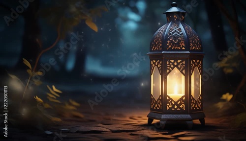 Ornate lantern glowing in dark forest at night with soft bokeh background and cinematic motion