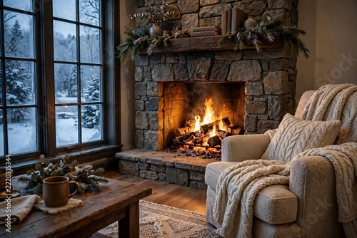 Cozy living room with lit stone fireplace armchair and knit blanket