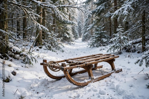 Classic wooden sled resting on snowy forest path in soft daylight