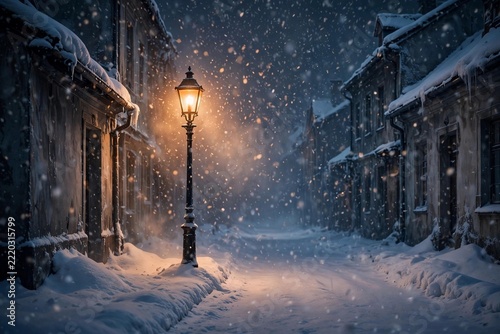Vintage street lamp glowing in heavy snowfall at night empty street