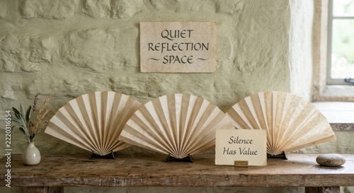 Quiet Reflection Space with Folded Parchment Fans and Inspiring Signs