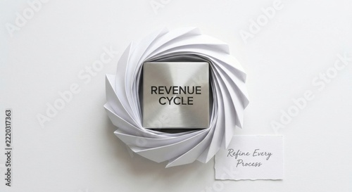 Silver Revenue Cycle Cube Surrounded by White Origami Petals with Refine Every Process Card