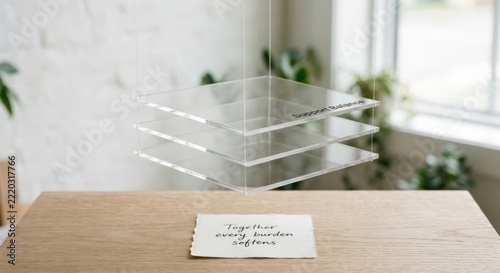Stacked Clear Acrylic Display Layers with Handwritten Quote on Wooden Surface