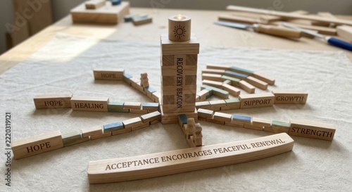 Wooden Blocks Tower with Recovery Phrases Offering Hope and Guidance