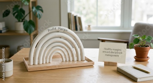 Wooden Rainbow Arch Display with Business Concepts on Desk