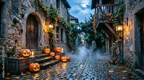 Halloween pumpkins glowing on stone steps in misty cobblestone street