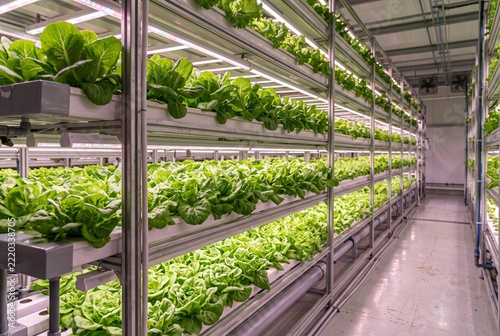 Fresh lettuce growing in a clean indoor vertical farm