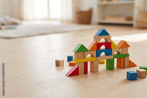 Colorful wooden stacking blocks forming a playful structure
