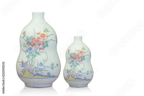 front view antique two white gourd shaped vases on white background, object, decor, fashion, collection, copy space