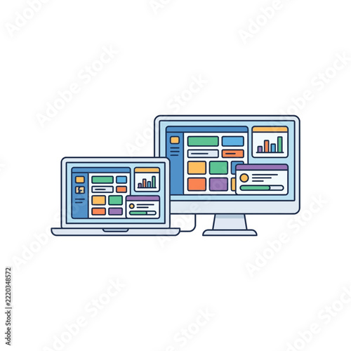 Laptop and Desktop Computer Displaying Colorful Data Analytics Dashboard Interface Doodle
