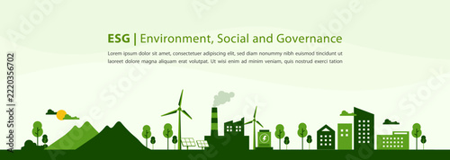 ESG Environmental, Social and Governance Banner Background Concept. Set of Green eco landscape background. Flat minimal style. Vector Illustration.