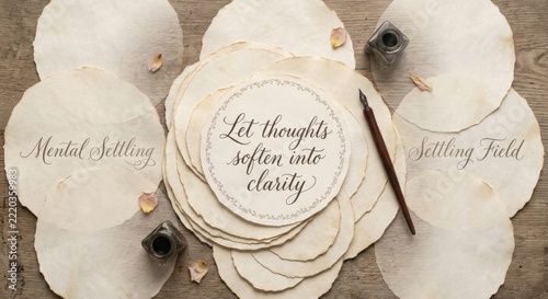 Vintage Calligraphy Set with Ink Pen and Parchment Circles Featuring Inspiring Quote