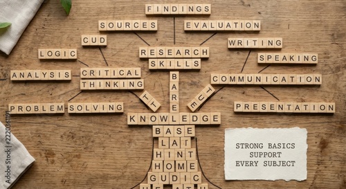 Wooden Letter Tiles Forming a Knowledge Map Concept on a Rustic Wood Surface