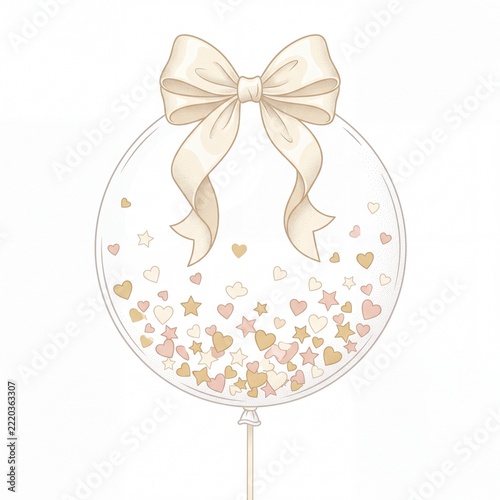 Transparent Balloon with Bow and Heart Confetti Illustration