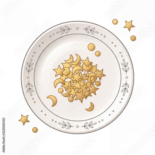 Whimsical Illustration of Golden Stars and Moons on a White Plate