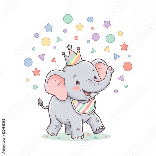 Cute Baby Elephant Wearing a Crown with Pastel Confetti Illustration