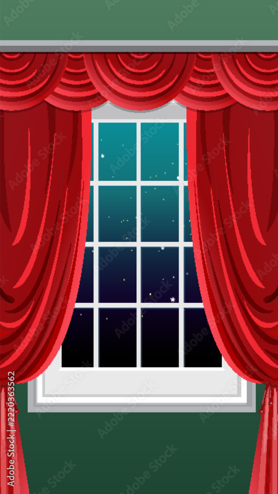 Naklejka premium Vector Illustration of a Window with Red Curtains and Night Sky