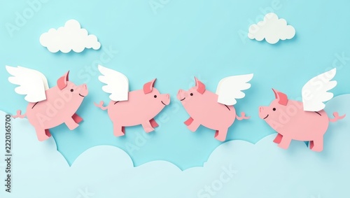 Flying Pink Paper Pigs with White Wings in Sky