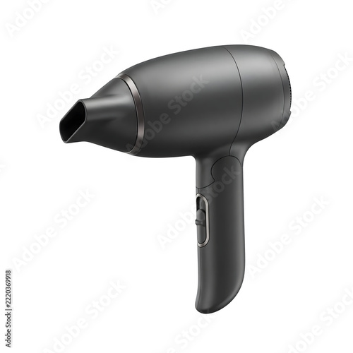 Modern black hair dryer with transparent background for isolated product photography.