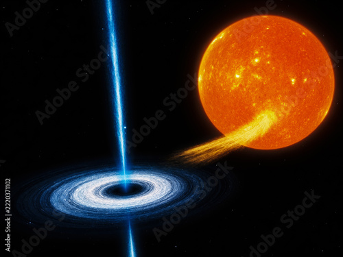 Brilliant Blue Relativistic Jet Erupting from a Black Hole Consuming a Giant Orange Star