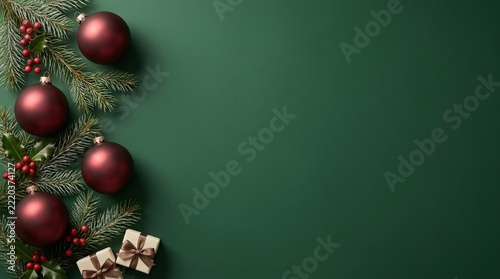 Dark red ornaments and greenery frame a festive composition, background representing holiday cheer, warm lighting, and winter celebration