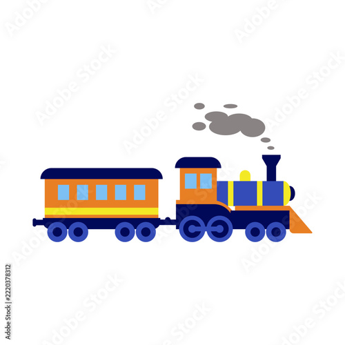 Isolated cartoon illustration of a toy train for children with a flat design combining blue, orange, and yellow colors. The icon is themed around children's transportation.