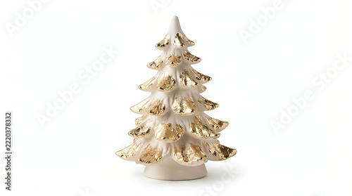 Ceramic christmas tree figurine with gold leaf accents isolated on white background