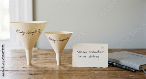 Study Simplicity Funnels with 'Remove Distractions' Note on Wooden Desk