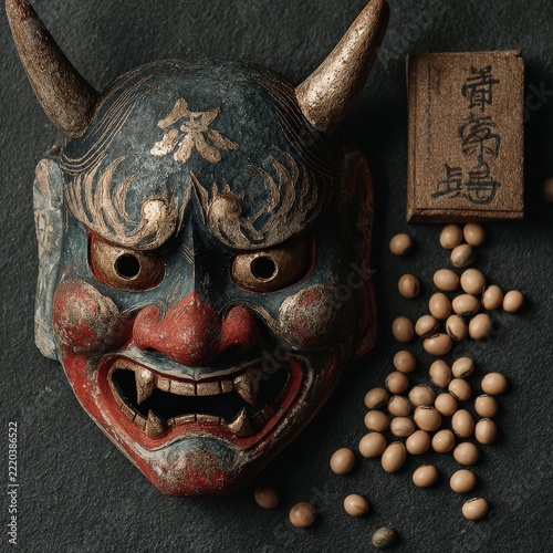 Japanese Setsubun demon mask and roasted soybeans flat lay