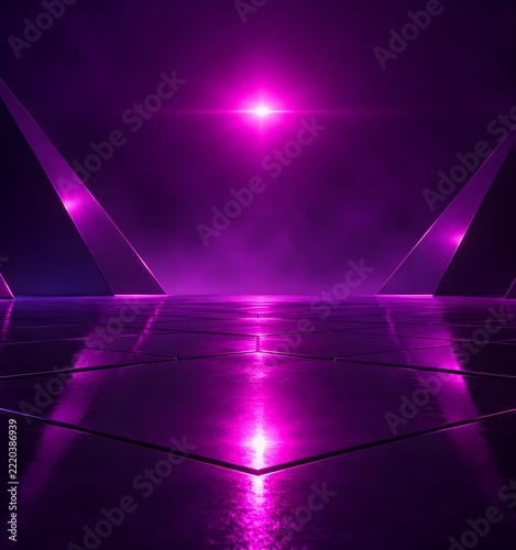 Magenta flare glowing above a glossy geometric floor in a purple digital environment