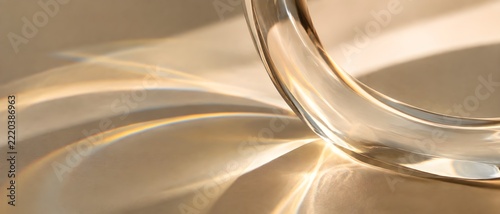 Curved glass flare bending warm sunlight into abstract arcs on beige