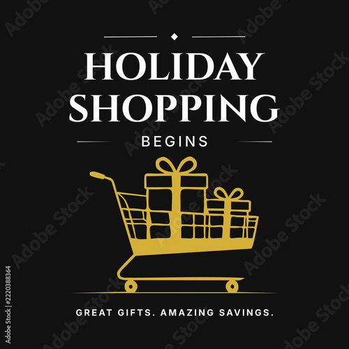 Holiday Shopping Sale with Golden Shopping Cart on Black Background