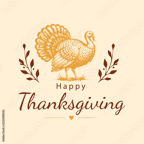 Happy Thanksgiving with Turkey Illustration and Floral Branches