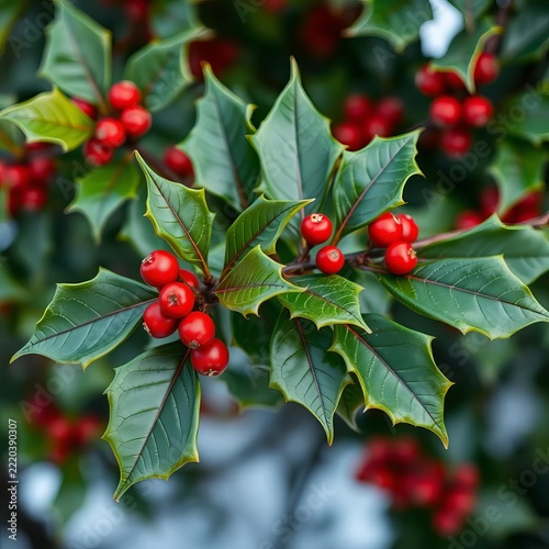 Green Holly Leaves and Red Berries in Close Up