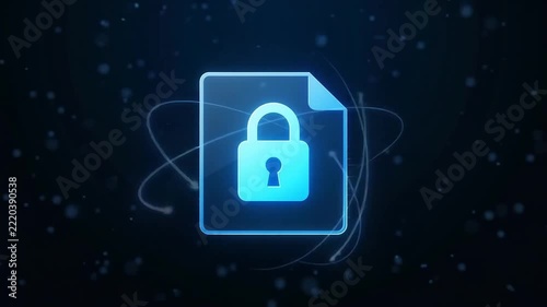 Digital document icon scanning and converting into binary data code over dark blue technology background